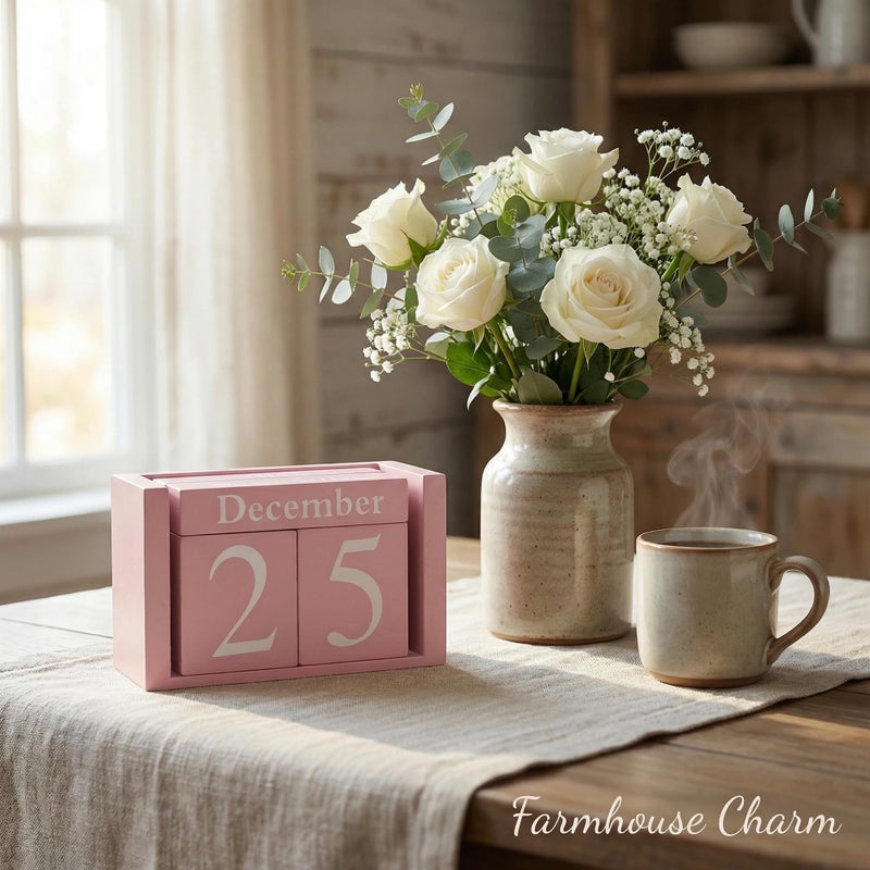 MICKYU Perpetual Wooden Desk Calendar - Pink Farmhouse Decor Block Calendar for Office, Home & Gifts - Reusable Daily Date Display - Image 4